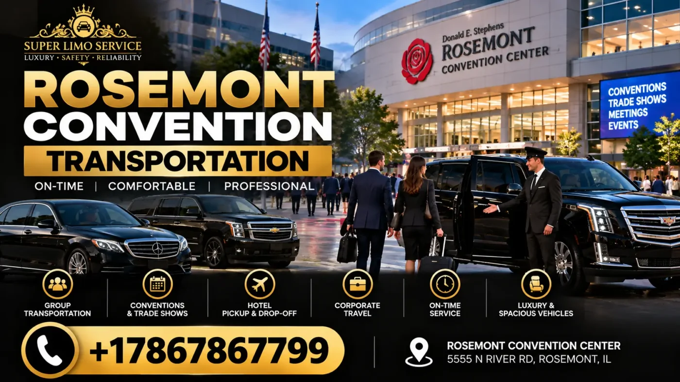 Rosemont Convention Transportation featuring luxury black sedans and SUVs with professional chauffeurs outside the Donald E. Stephens Convention Center in Rosemont, Illinois.