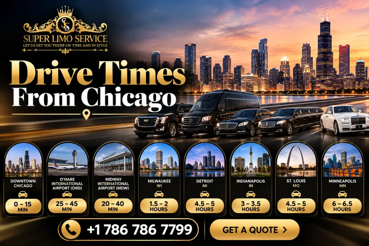Super Limo Service luxury black sedans, SUVs, stretch limousine, and white Rolls-Royce with estimated drive times from Chicago to major Midwest destinations.