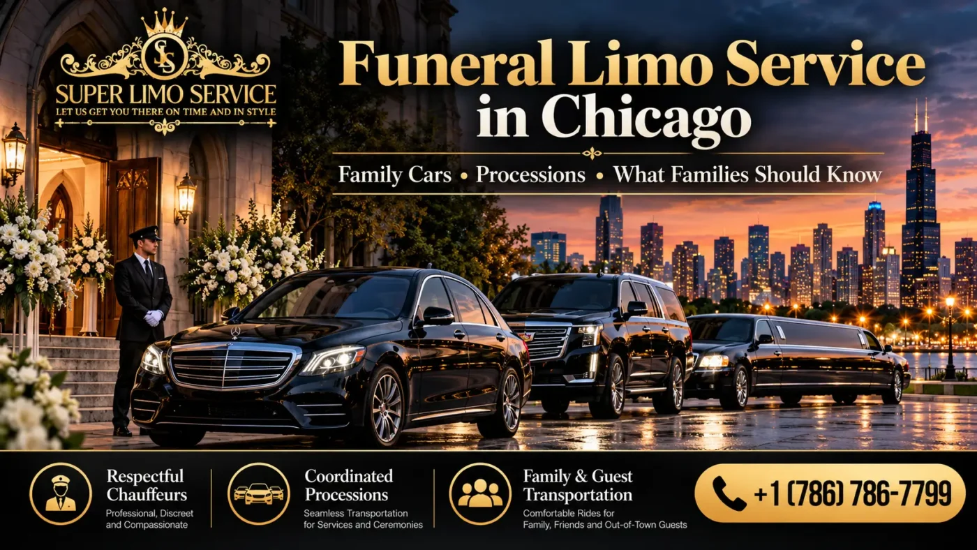 Super Limo Service funeral limo service in Chicago featuring black luxury sedans, SUVs, a stretch limousine, a professional chauffeur, elegant floral arrangements, and the Chicago skyline at sunset. Respectful family transportation and coordinated funeral processions. Call +1 (786) 786-7799.