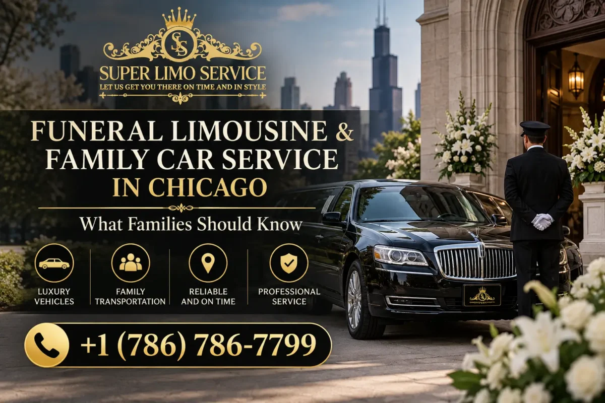 Super Limo Service black luxury limousine with a professional chauffeur outside an elegant venue in Chicago, promoting funeral limousine and family transportation services. Call +1 (786) 786-7799.