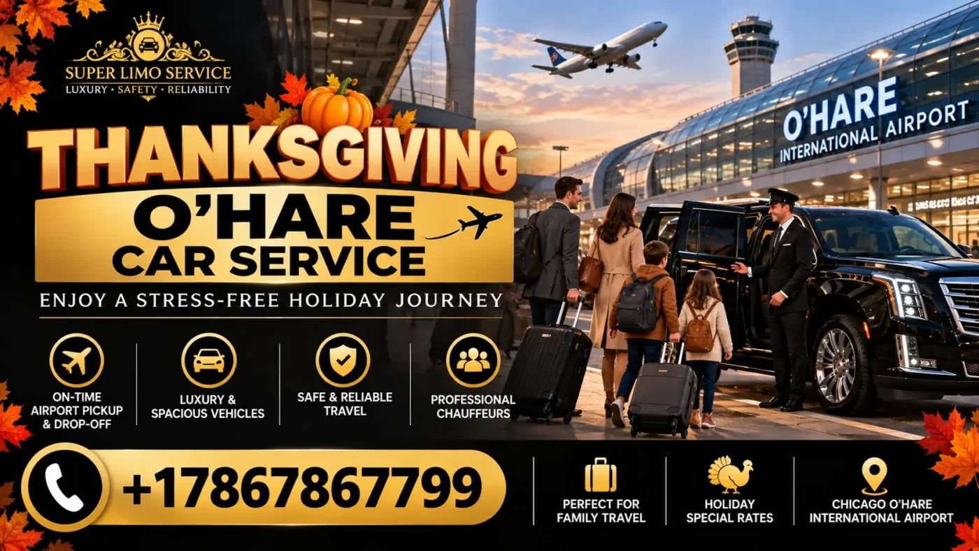 Thanksgiving O’Hare car service with a luxury black SUV and professional chauffeur providing airport transporta