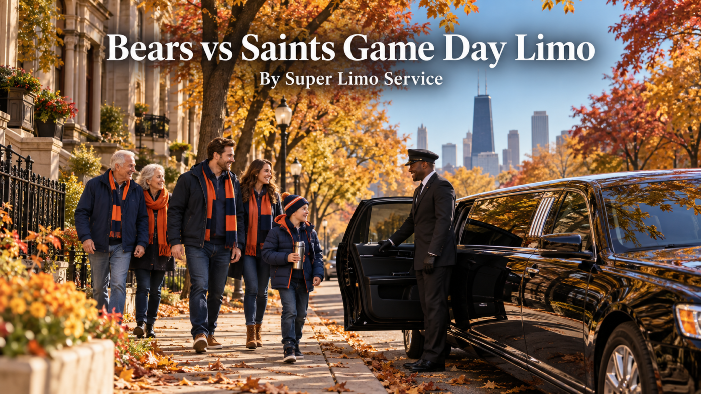 Bears vs Saints game day limo with a black stretch limousine and chauffeur picking up a family of football fans on a tree-lined Chicago street in late autumn