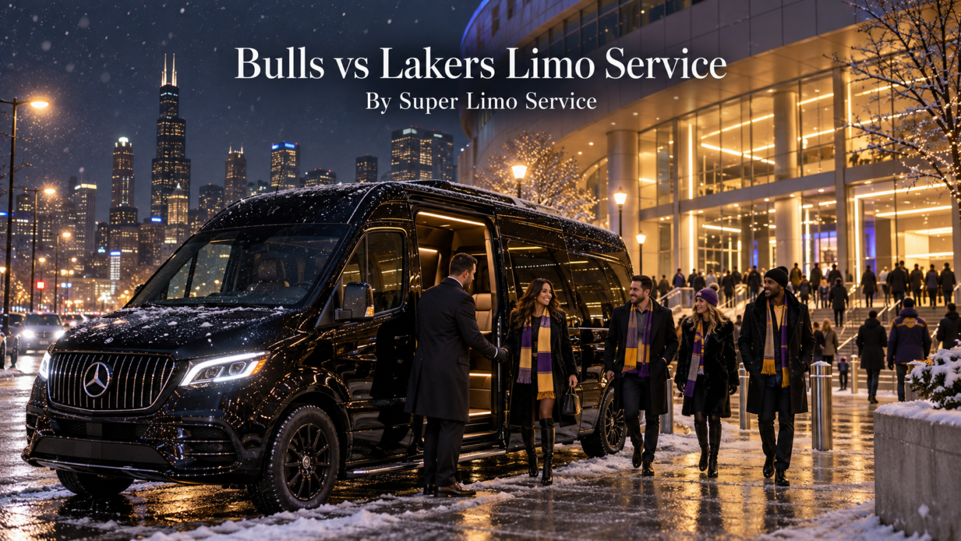Bulls vs Lakers limo service with a black Mercedes Sprinter van and chauffeur dropping off fans near the United Center on a snowy New Year's weekend game night
