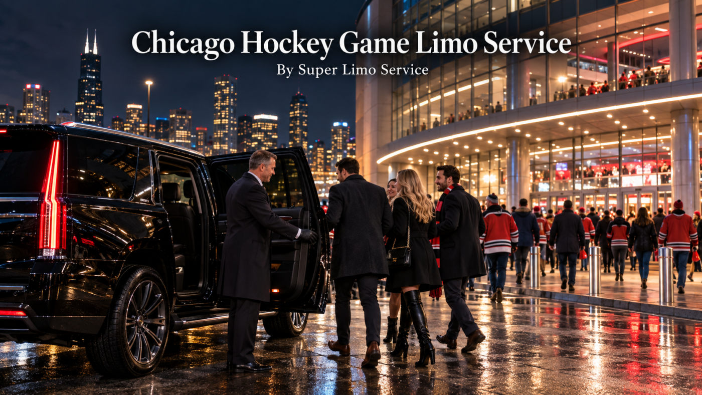 Chicago hockey game limo service with a black luxury SUV and chauffeur dropping off fans outside the United Center on a game night