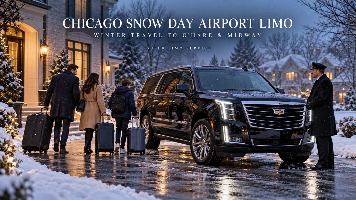 Black Cadillac Escalade with Super Limo Service chauffeur and family travelers leaving a Chicago-area home during light snow for an O’Hare or Midway Airport trip.